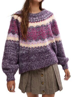 Free People Festive Frost Fair Isle Sweater in Blackberry Wine